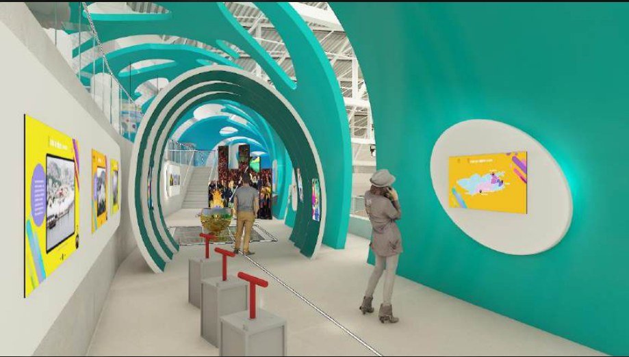 Corredor com projeção mapeada em arco no Museu Olímpico do Rio