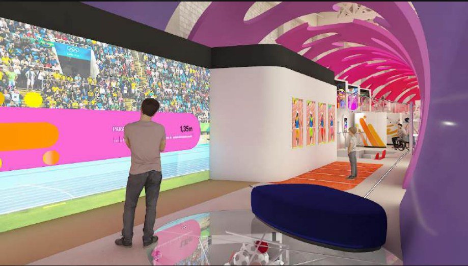 Ambiente de projeção mapeada interativa em instalação de museu